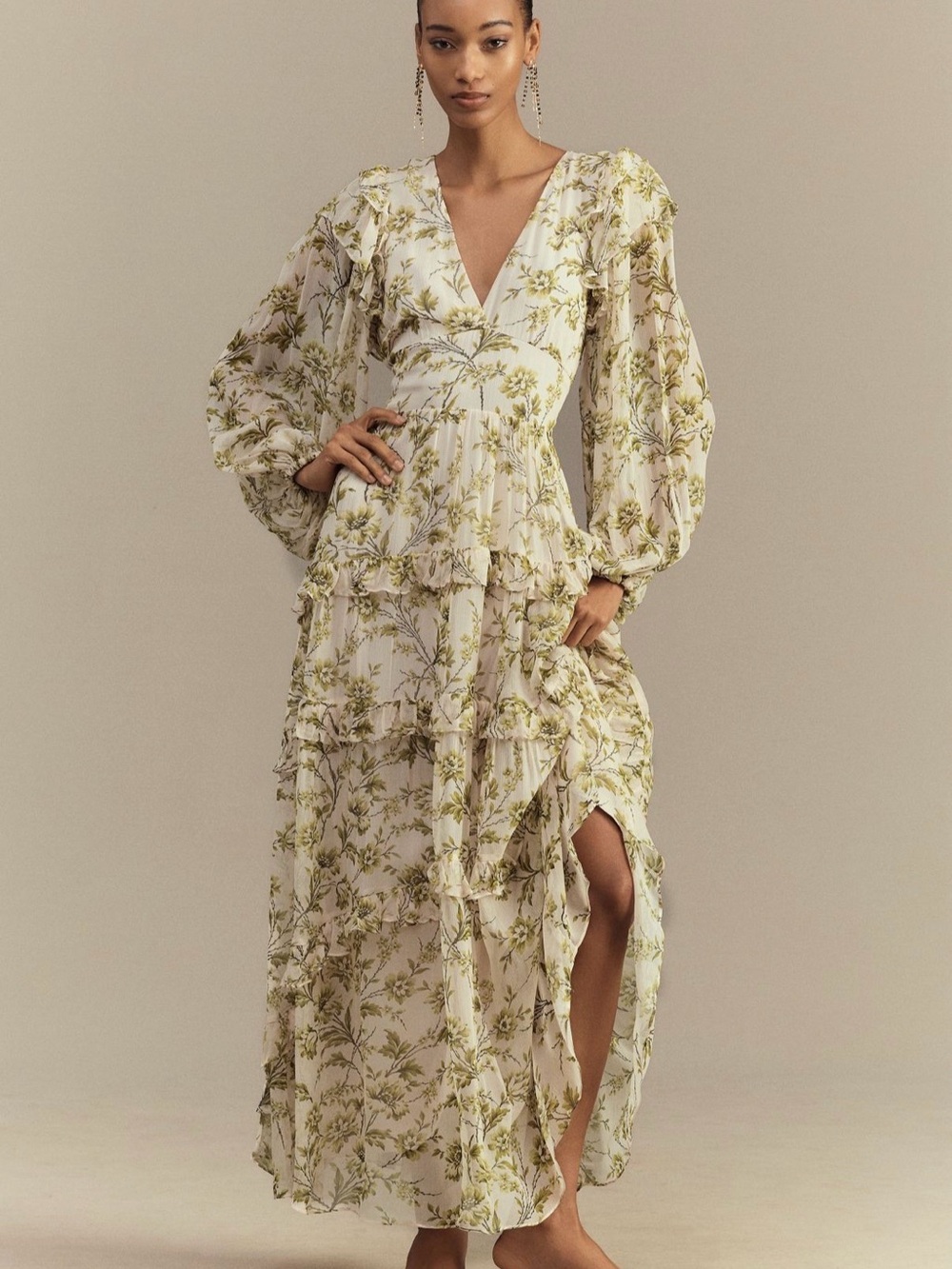 BHLDN Cream Maxi Dress with Olive Floral Print